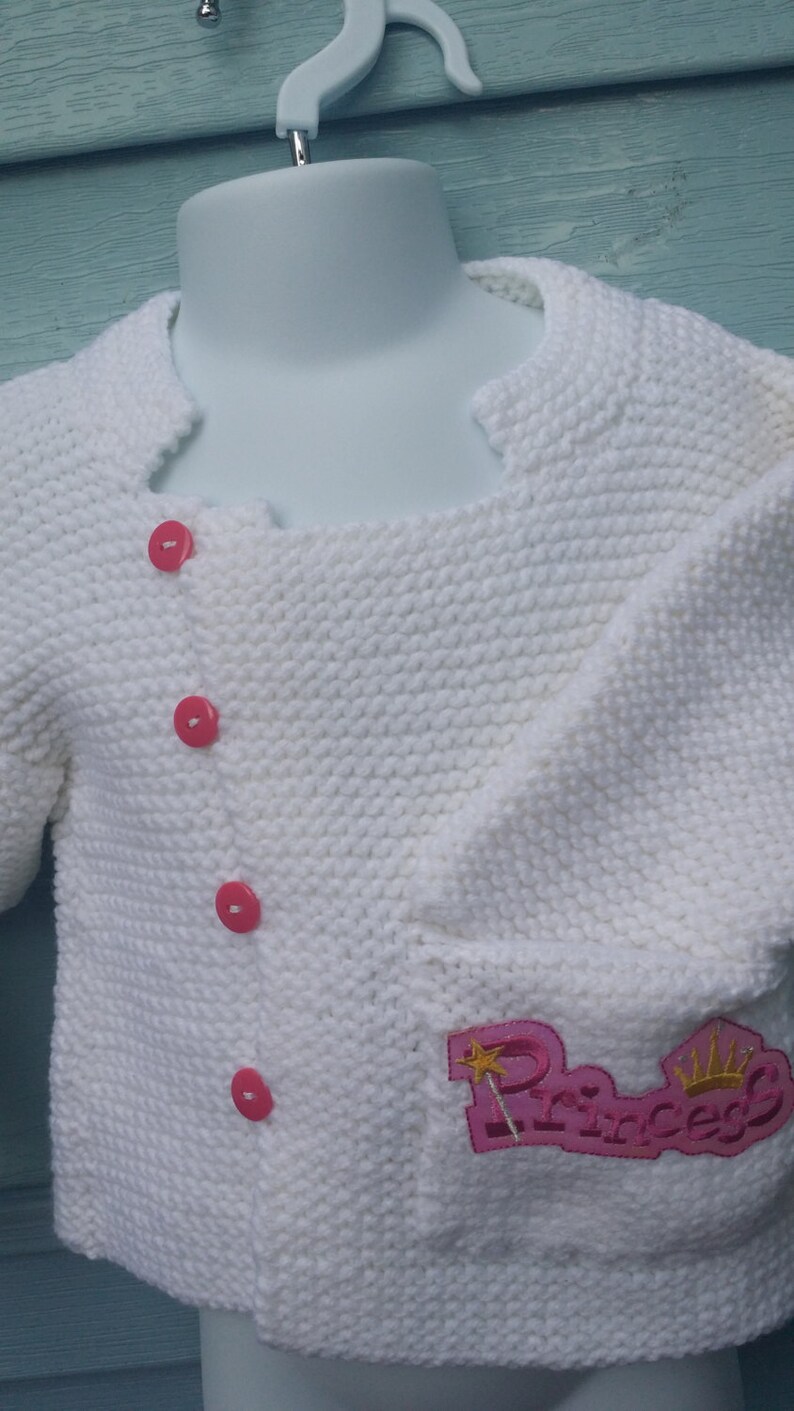size 2T with pocket and Princess applique Hand knitted pink and white Garter stitch cardigan and hat set