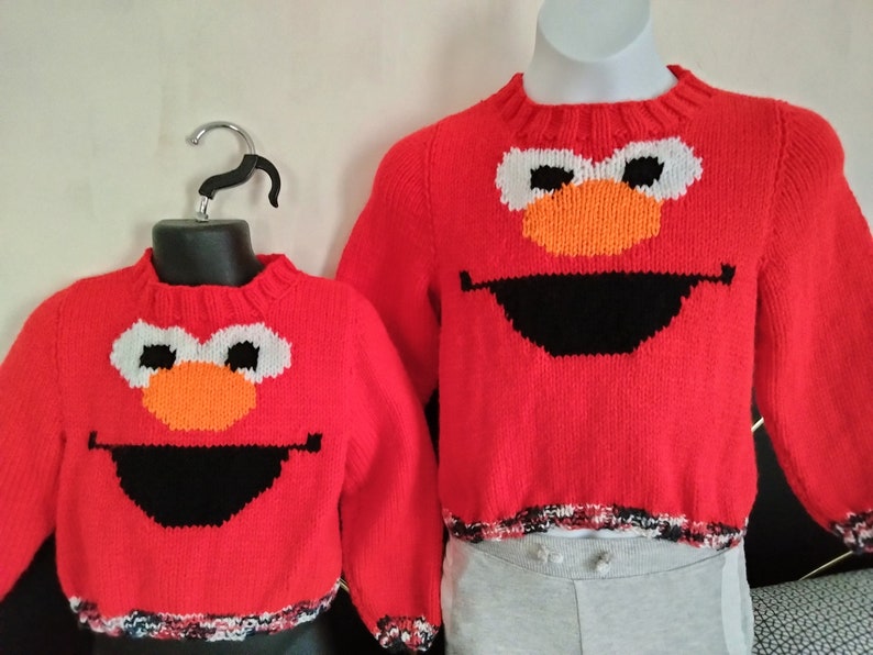 Hand Knitted Sesame Street Elmo Face Sweater and Hat Set. Size 2T or 4T ...
