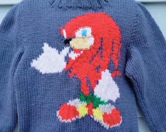 Hand knit Sonic Sweater, Knuckles sweater, Handknit Sonic Pullover, Sonic knuckles pullover, Size 6-7