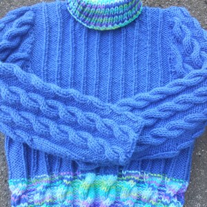 Hand knit Cabled Turtleneck Pullover, blue Size 6