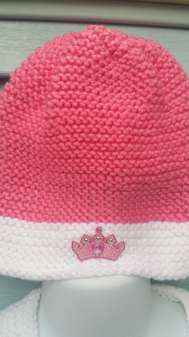size 2T with pocket and Princess applique Hand knitted pink and white Garter stitch cardigan and hat set