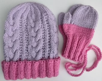 Hand Knitted 2-Tone Cable Child Hat with matching mittens set  Cabled child hat and mittens set,  fits age 1-3 Made with acrylic yarn