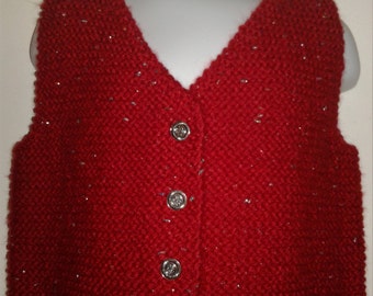 Hand Knit Child Red Sweater button Vest with Silver Sparkle, size 2T,