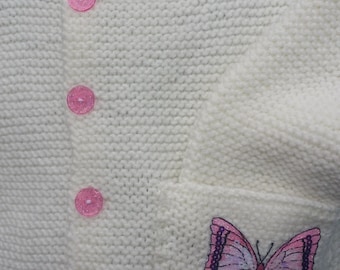 Hand knit Garter Stitch Soft White Cardigan with pocket and butterfly applique, size 3-4T