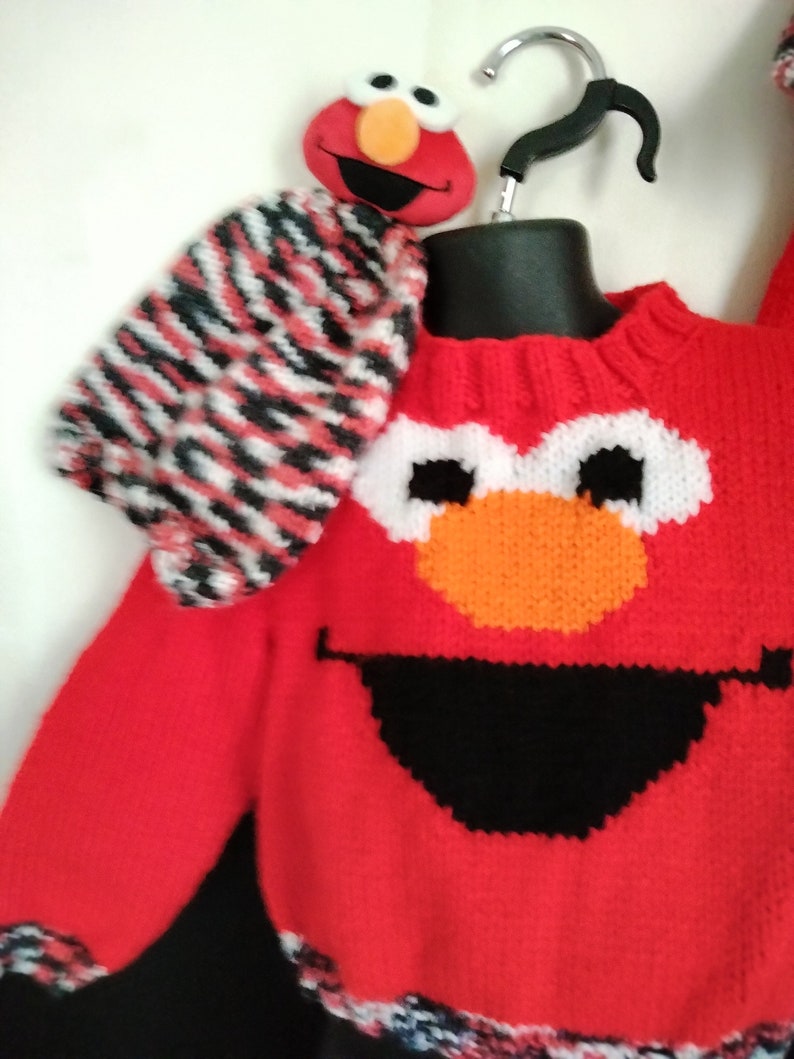 Hand Knitted Sesame Street Elmo Face Sweater and Hat Set. Size 2T or 4T ...