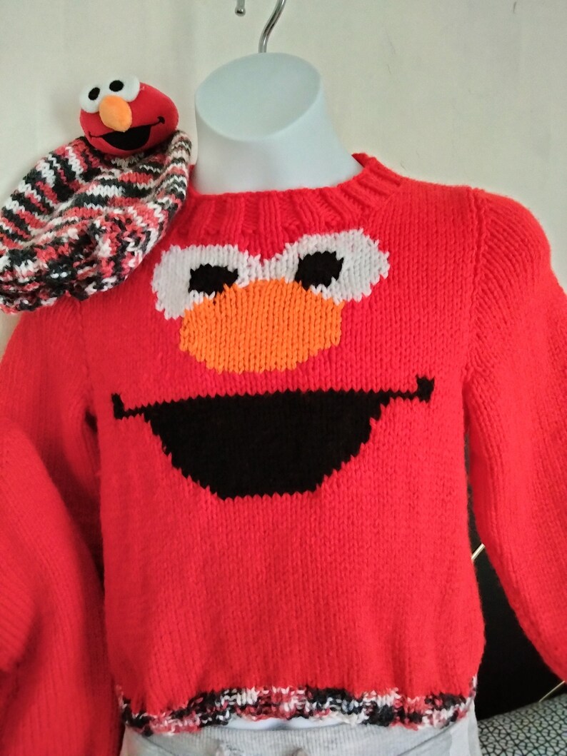 Hand Knitted Sesame Street Elmo Face Sweater and Hat Set. Size 2T or 4T ...