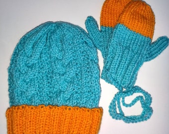 Hand Knitted 2-Tone Cable Child Hat with matching mittens set  Cabled child hat and mittens set,  fits age 1-3 Made with acrylic yarn