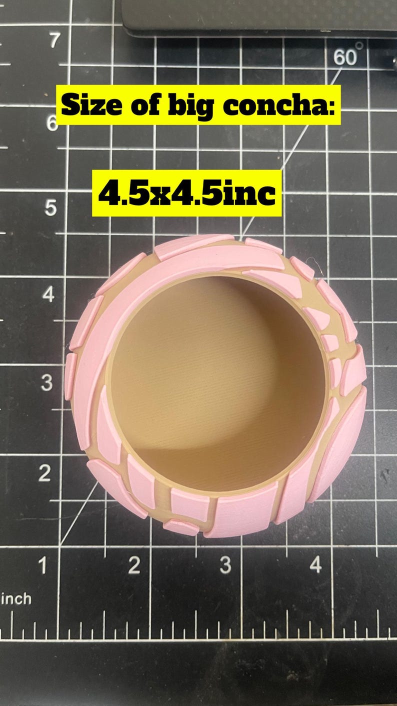 May include: A pink and brown concha, a type of Mexican sweet bread, with a decorative design. The concha is 4.5 inches by 4.5 inches.