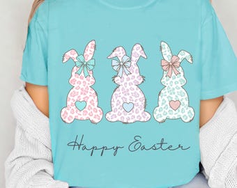 Camiseta con estampado de leopardo pastel de conejitos de Pascua / Colores cómodos o estilo suave