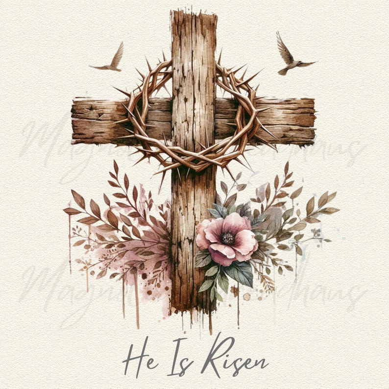 May include: Watercolor illustration of a wooden cross with a crown of thorns, two birds, and floral accents. The cross is brown, with a crown of thorns in the center. The text "He Is Risen" is at the bottom.