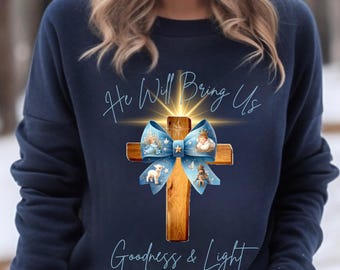 Sudadera con lazo y cruz azules, bondad y luz