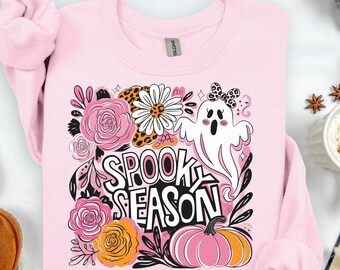 Camiseta de colores florales y fantasmas / Camiseta de Halloween de temporada espeluznante