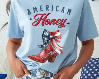 American Honey July 4th Shirt | Cowboy Boot & Satin Bow Tee
