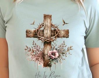 He is Risen T-shirt | Floral Easter Cross, Softstyle Tee