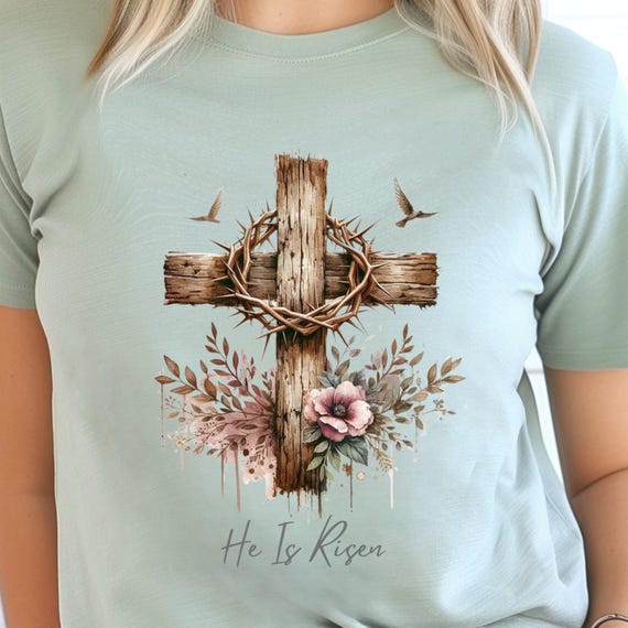 Floral Easter Cross PNG | He is Risen, Religious Spring Image (Digital File)