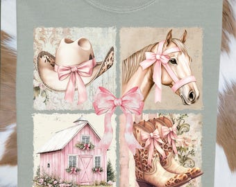 Coquette Horse Pink Floral Western T-Shirt | Comfort Colors Barn Boots Hat Design