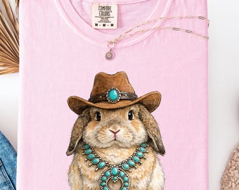 Western Easter Bunny Comfort Colors T-Shirt | Cowboy Hat and Turquoise Necklace