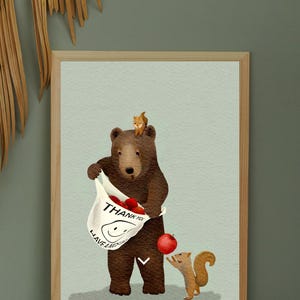 Impresión artística de oso y ardilla: arte de pared de oso y manzana, gracias, que tengas un buen día