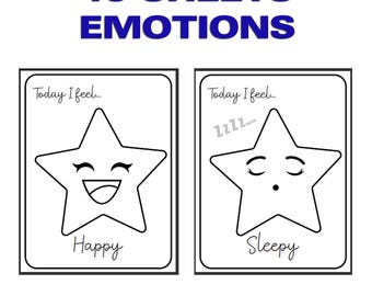 May include: Two white cards with black outlines. The first card has a smiling star with the word "Happy" below. The second card has a sleepy star with the word "Sleepy" below. The text "45 SHEETS EMOTIONS" is at the top.