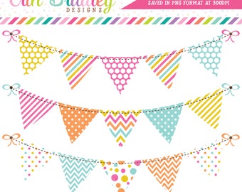 Bunting Clipart Graphics Digital Banner Flags Clip Art in Pink Orange Yellow and Blue Instant Download