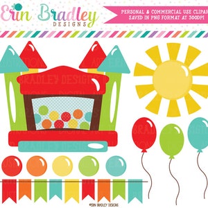 Bouncy Castle Clipart Graphics Instant Download Bounce House Digital Clip Art with Balloons Sun and Bunting