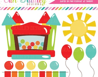 Bouncy Castle Clipart Graphics Instant Download Bounce House Digital Clip Art with Balloons Sun and Bunting