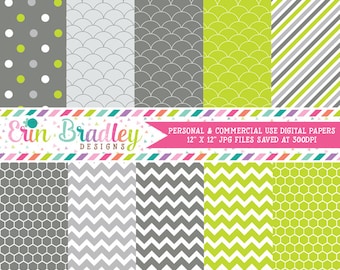 Digital Scrapbooking Papers Lime Green and Charcoal Paper Pack Personal & Commercial Use