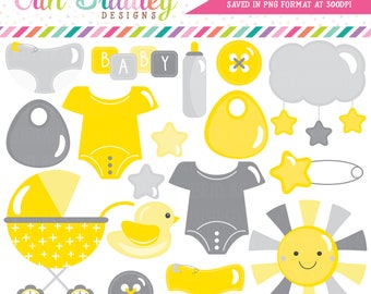 Gender Neutral Baby Clipart in Yellow and Gray Baby Shower Clip Art Graphics Stroller, Duck, Baby Tees, Safety Pin, Stars, Diapers