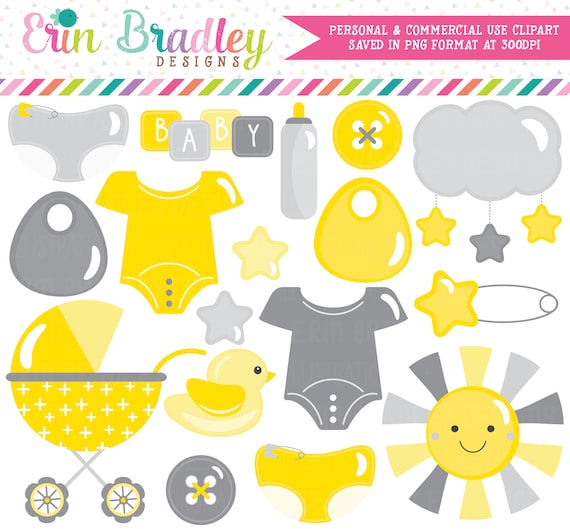 Gender Neutral Baby Clipart In Yellow And Gray Baby Shower Etsy