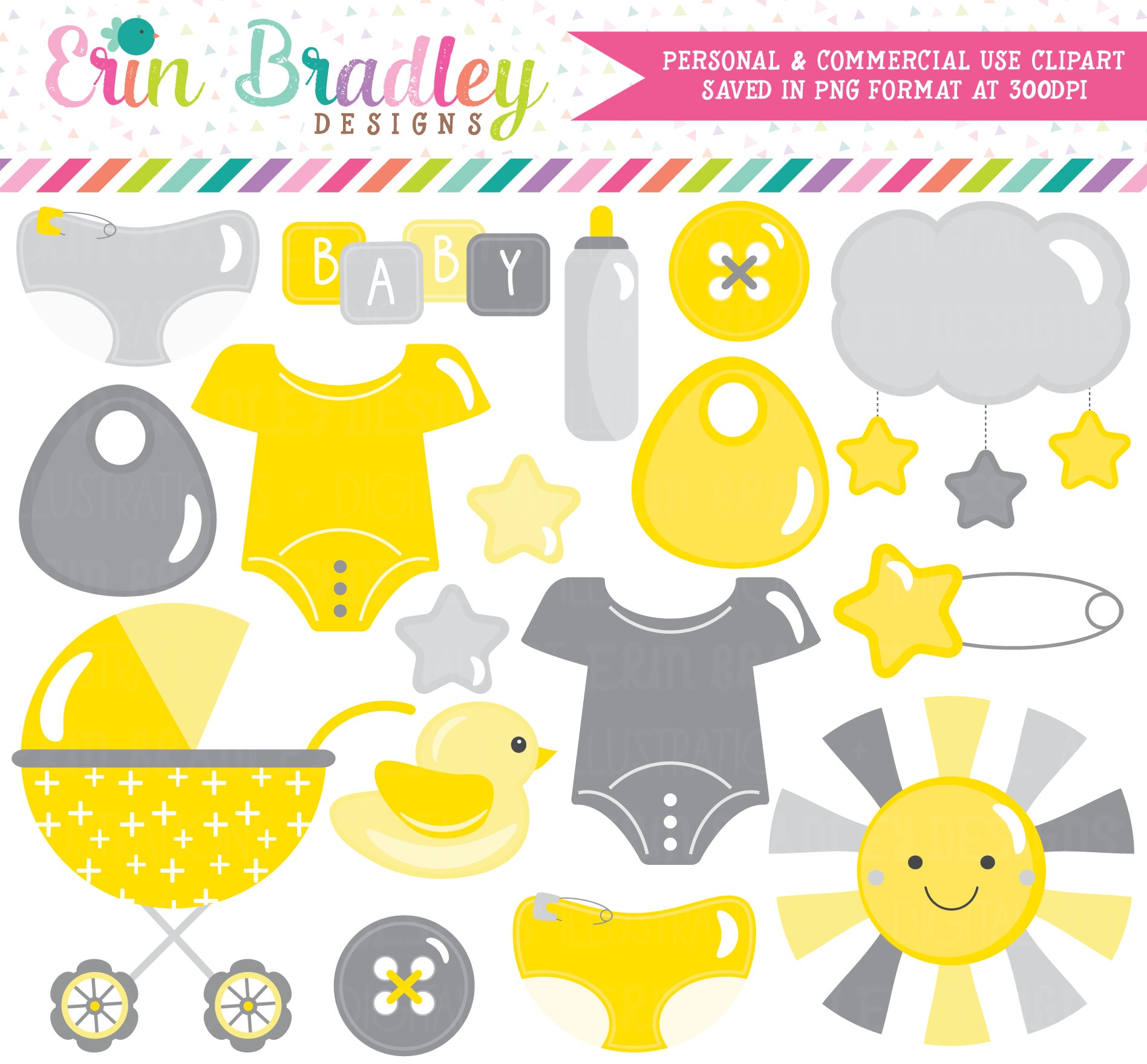 Gender Neutral Baby Clipart in Yellow and Gray Baby Shower | Etsy