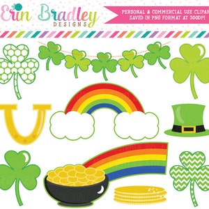 St. Patricks Day Clipart, Shamrock Clip Art, Commercial Use Holiday Clipart, Pot of Gold & Rainbow Clip Art