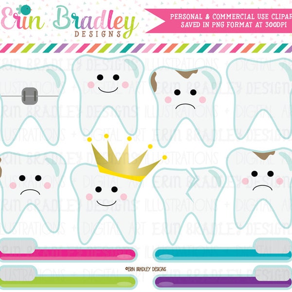 Dentist Clipart Tooth Teeth Clip Art Graphics with Cavities Braces Toothbrushes Instant Download Commercial Use