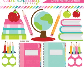 School Supplies Clipart Digital Graphics Set Books Globe Notebooks Pencils Apples Teachers Clip Art Graphics Instant Download