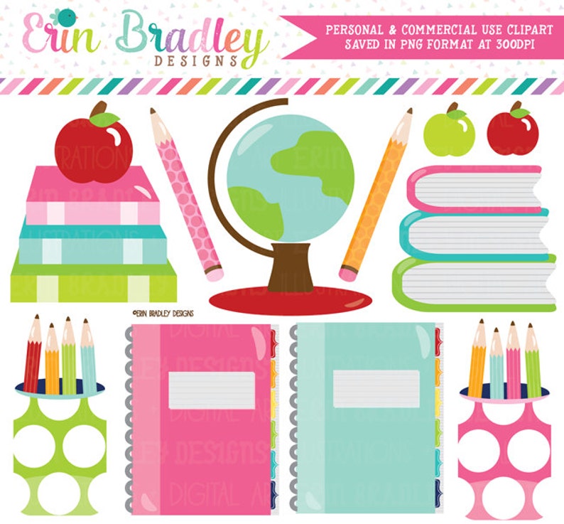 School Supplies Clipart Digital Graphics Set Books Globe Notebooks Pencils Apples Teachers Clip Art Graphics Instant Download image 1