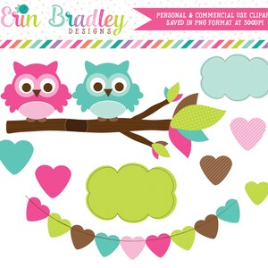 Hiboux roses et bleus dans une branche Clipart graphiques usage commercial numérique Clip Art