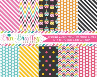 Cupcake Party Digital Paper Pack Pink Blue Yellow Orange Polka Dots Stripes Chevron Digital Paper Set Instant Download