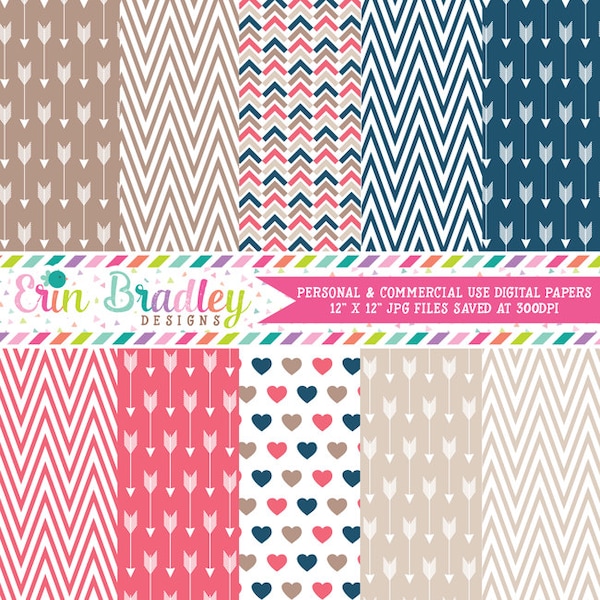 Pfeile Herzen Chevron Digitales Papier: Scrapbook-Grafik (digitaler Download)