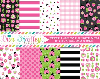 Ladybug Digital Paper Pack with Pink Green & Black Floral and Striped Patterns