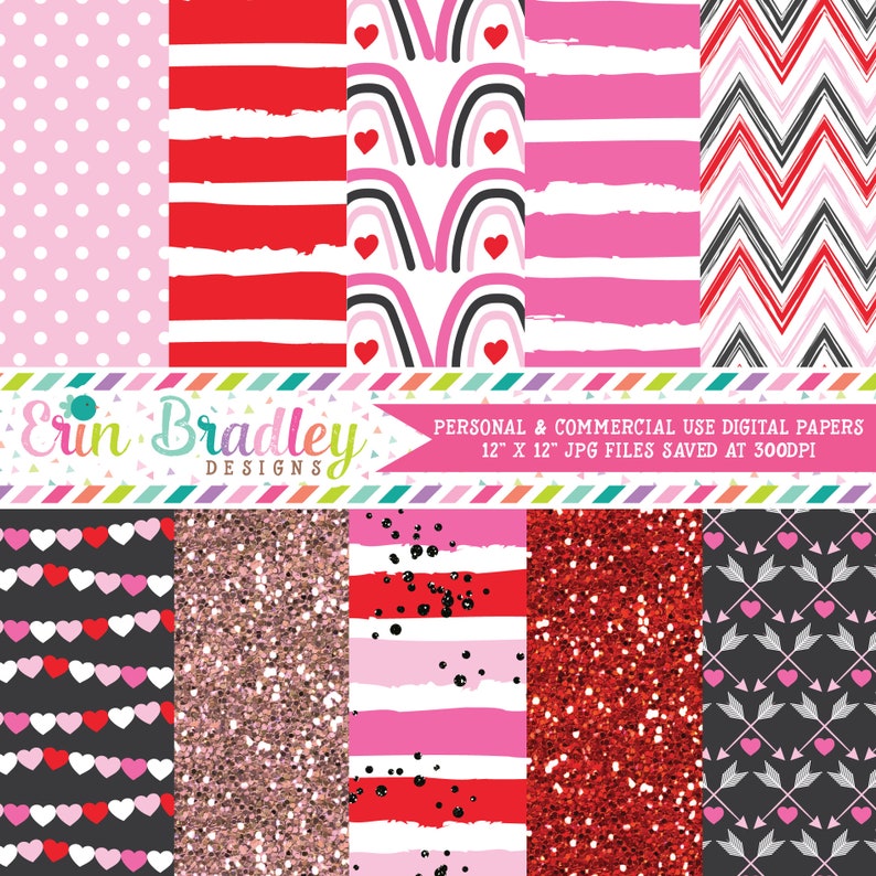 Pink Valentines Day Digital Paper Pack, Pink Red Black Digital Papers, Glitter Digital Papers, Rainbows Hearts Chevron Stripes Polka Dots image 1