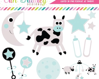 Baby Nursery Clipart Clip Art for Personal or Commercial Use Cow Jumped Over the Moon Blue