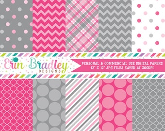 Digital Scrapbook Papers Personal and Commercial Use Pink and Grey Medley