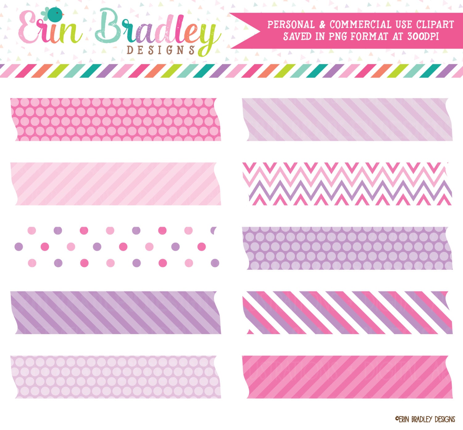 Pink Purple Digital Washi Tape Clipart Polka Dots Chevron Etsy