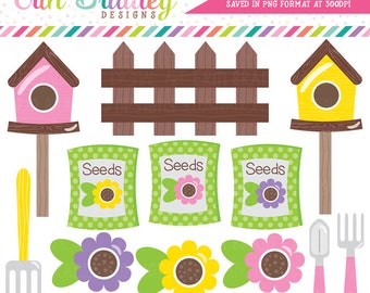 Flower Garden Clipart Spring Digital Clip Art Graphcis with Birdhouses Seeds Fence Instant Download Commercial Use