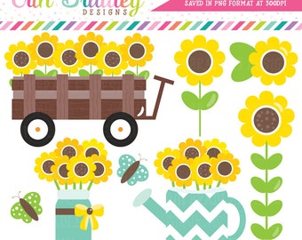 Sunflowers Clipart Graphics Wagon Jar Watercan and Sunflower Floral Digital Clip Art Instant Download