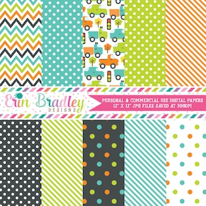 Blue Green & Orange Boys Auto Car Truck Digital Paper Set Polka Dots Stripes and Chevron Patterns Instant Download