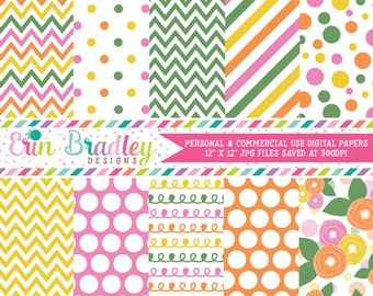 Spring Digital Paper Pack Pink Yellow Green & Orange Digital Paper Graphics with Flowers Polka Dots Chevron Stripes and Doodles