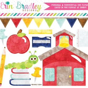 Watercolor School Clipart, Watercolor School Supplies Clipart, School Clip Art Graphics, Commercial Use Clip Art, Schoolhouse Clipart