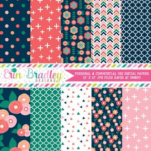 Spring Bloom Digital Paper Pack Kommerzielle Nutzung Digitales Scrapbook Papier mit Blumen Dreieck Kreuze Fischgräte und Polka Dots