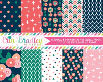 Spring Bloom Digital Paper Pack Commercial Use Digital Scrapbook Paper with Flowers Triangles Crosses Herringbone and Polka Dots