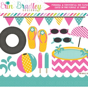 Girls Pool Party clipart-graphics roze geel en blauw digitale clip art strand en zomer graphics direct downloaden